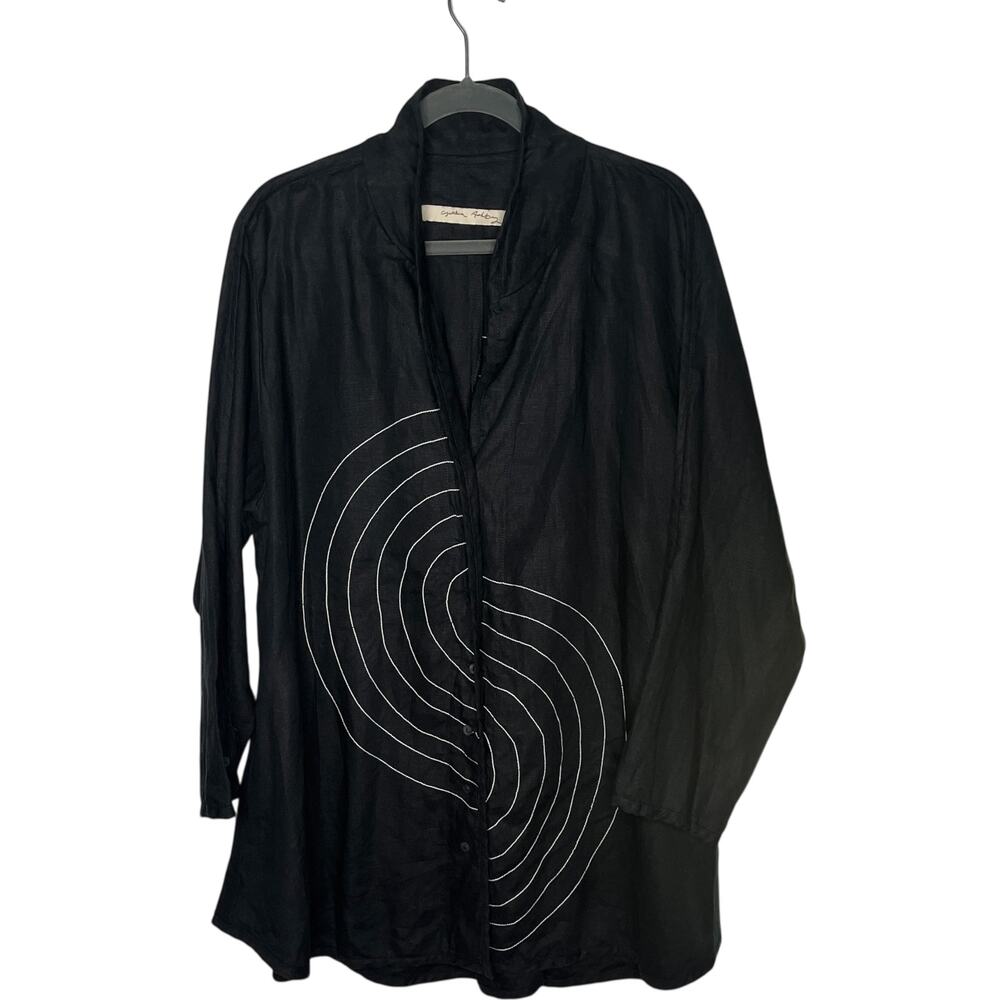 Cynthia Ashby Blouse and Pant Matching Set Womens L Black Linen USA Lagenlook - Picture 2 of 13